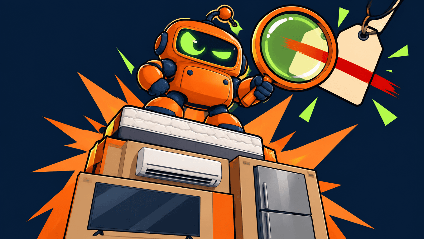 Baratobot on a stack of boxed appliances, inspecting a slashed price tag with a magnifying glass
