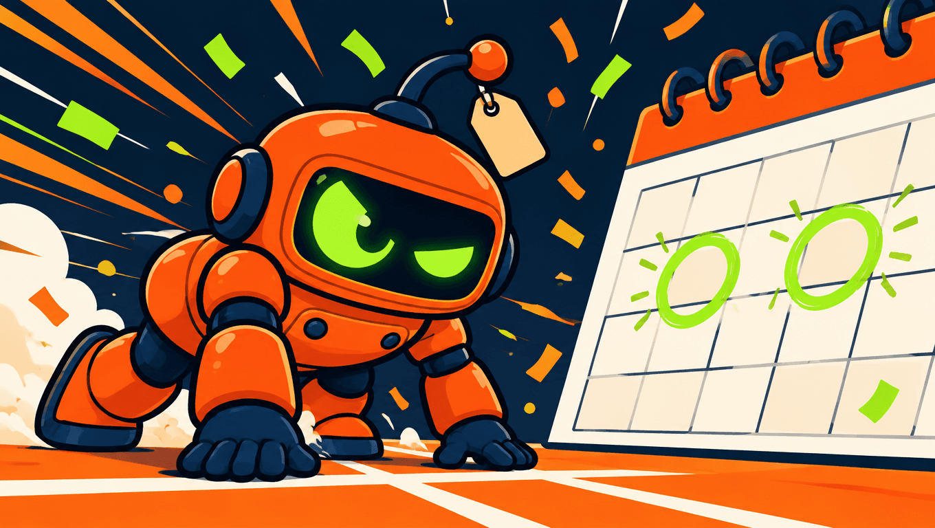 Baratobot crouched at a starting line, eyeing circled sale dates on a calendar
