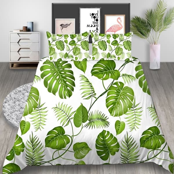 3in1 100% Canadian Cotton Bed Sheet set (1 Fitted Sheet and 2 Pillowcase) Full Garter fitted sheet Single Double Family Queen King "Monstera Leaves" Print on Sale