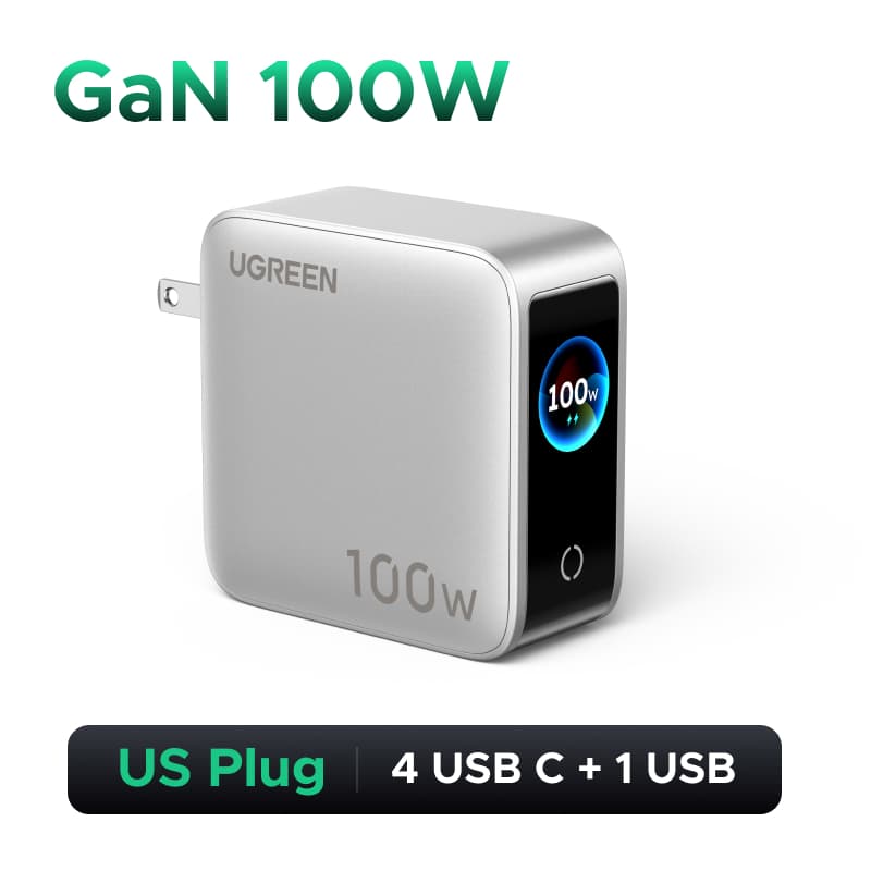 UGREEN PD 100W GaN Smart Display Screen Charger Multi-port Foldable Fast Charger Digital Power Display Screen Quick Charger for iPhone 18 17 16 15 Pro Max Samsung S26 S25 Ultra Xiaomi Huawei infinix 5-Port Type C USB A Nexode
